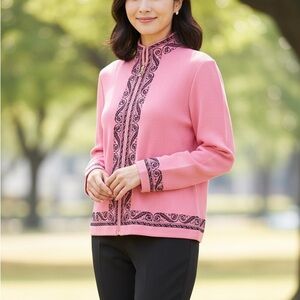 St. John Pink Black Zip Up‎ Knit Jacket Sz 2